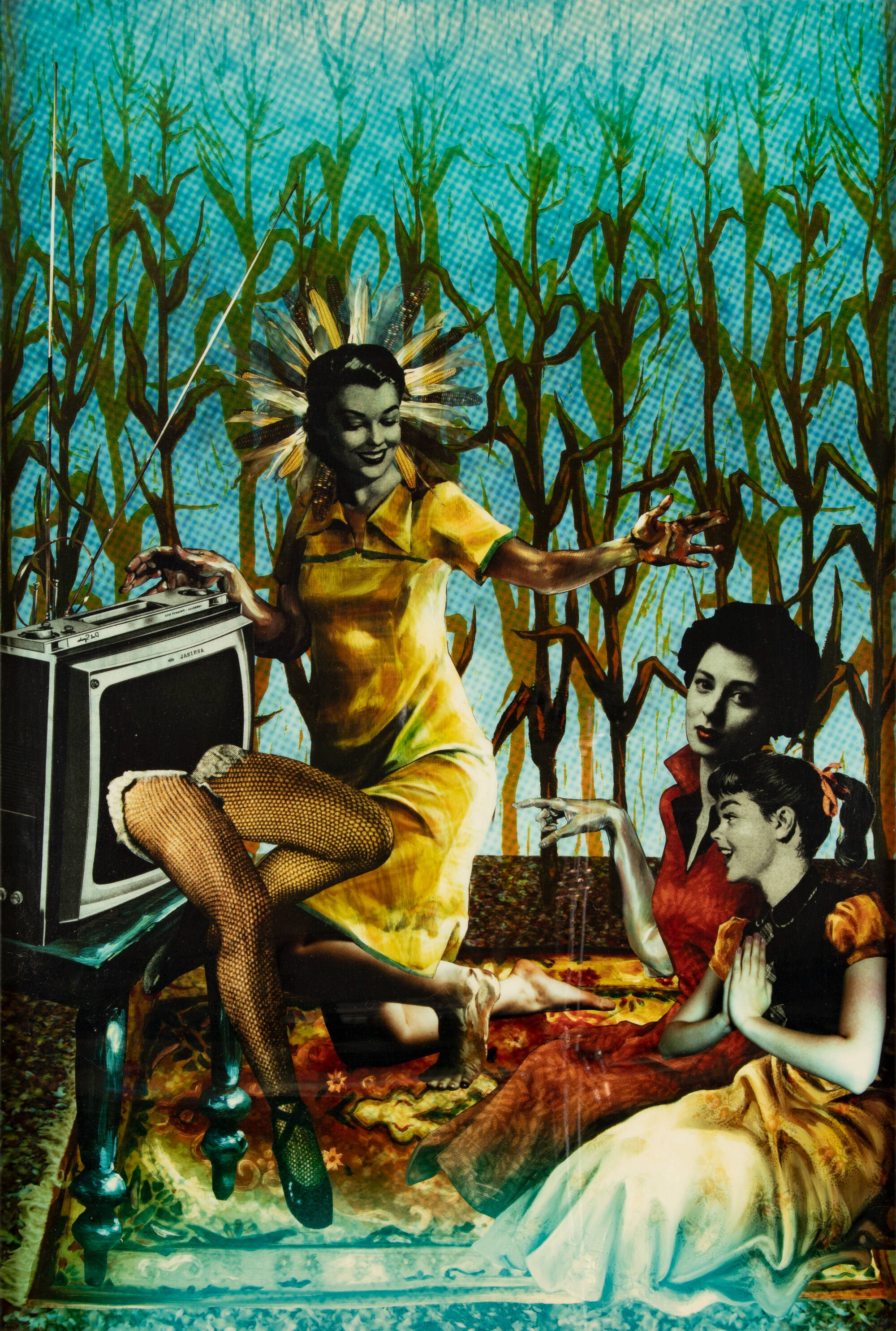 Woman in yellow dress has a 'corn halo'. There is a television at left with fishnet legs coming out of the screen. Cornstalks in the background.